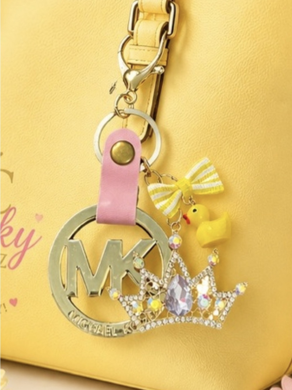 Ducky Princess Yellow & Pink Crown Gold Medallion Bag Charm